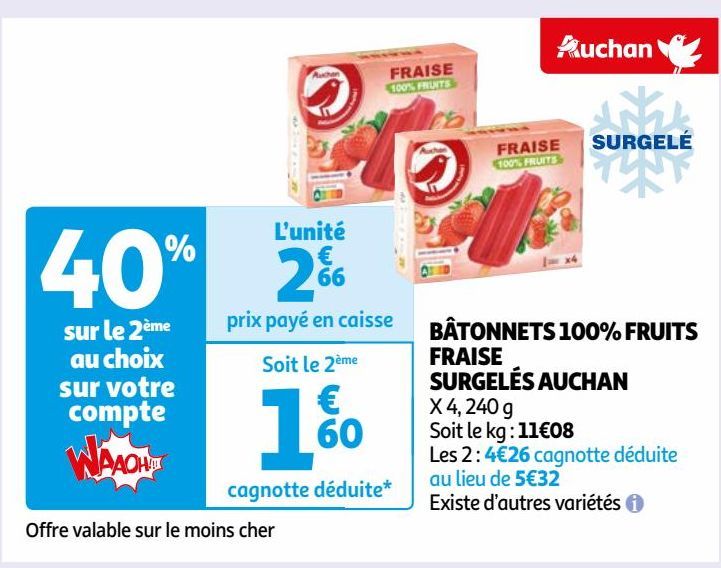 BÂTONNETS 100% FRUITS FRAISE SURGELÉS AUCHAN