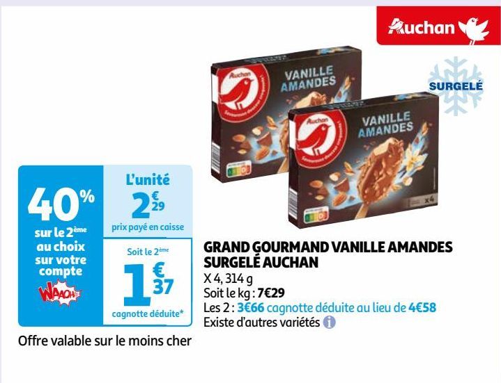 GRAND GOURMAND VANILLE AMANDES SURGELÉ AUCHAN