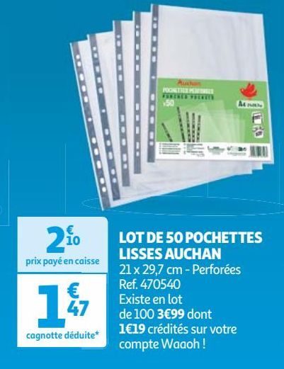 LOT DE 50 POCHETTES LISSES AUCHAN 21 x 29,7 cm - Perforées