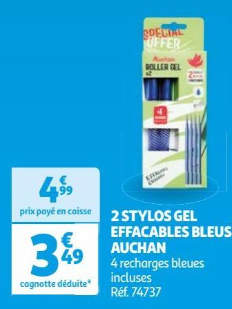 2 STYLOS GEL EFFACABLES BLEUS AUCHAN