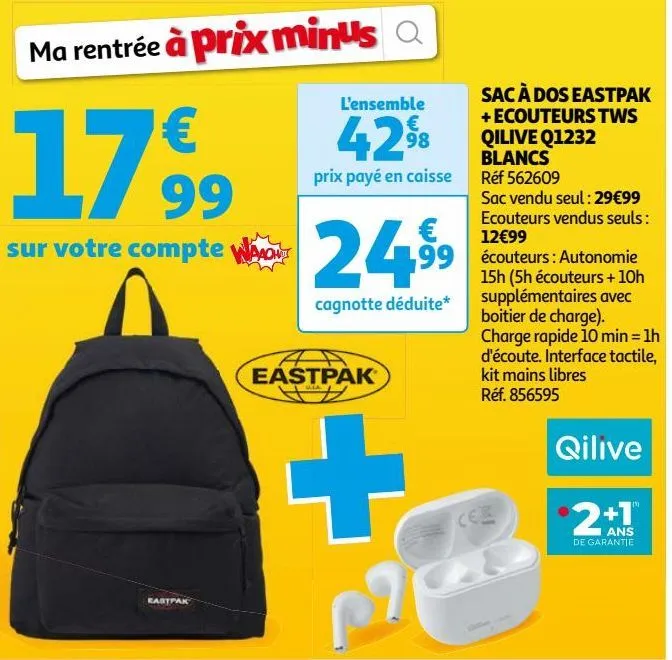 sac à dos eastpak + ecouteurs tws qilive q1232 blancs