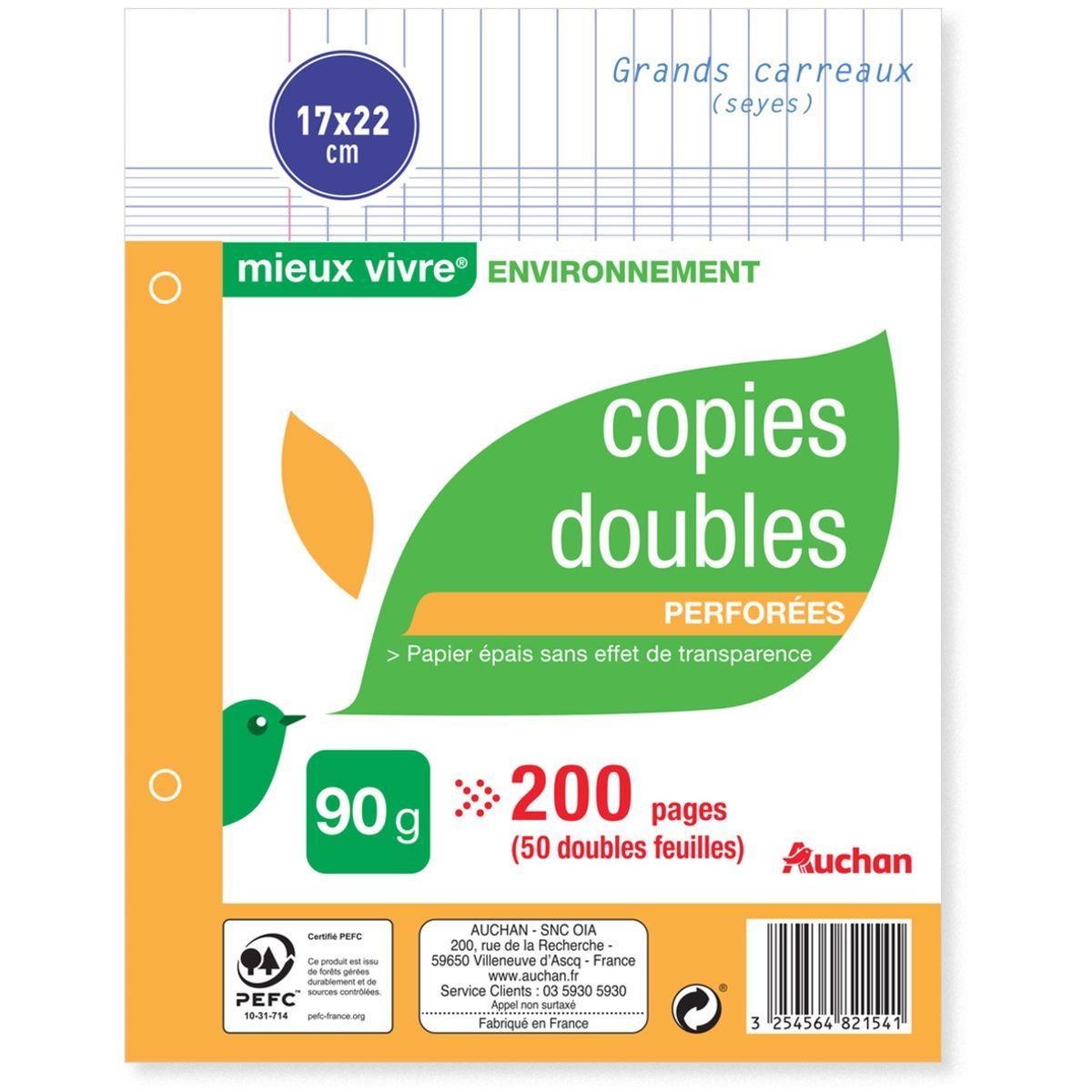 LOT DE 200 COPIES DOUBLES PERFOREES AUCHAN