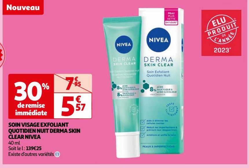 SOIN VISAGE EXFOLIANT QUOTIDIEN NUIT DERMA SKIN CLEAR NIVEA