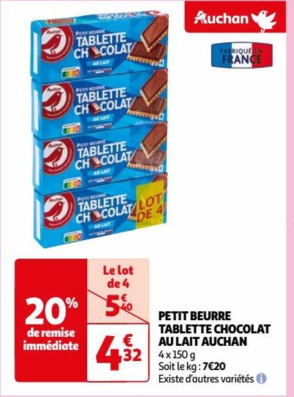 PETIT BEURRE TABLETTE CHOCOLAT AU LAIT AUCHAN