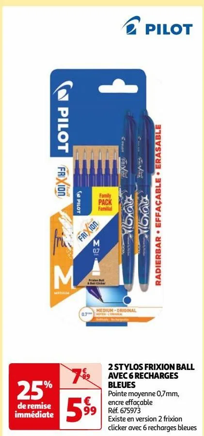 2 stylos frixion ball avec 6 recharges bleues