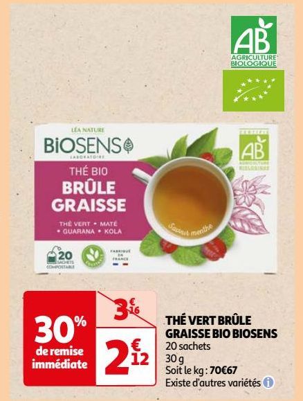 THÉ VERT BRÛLE GRAISSE BIO BIOSENS