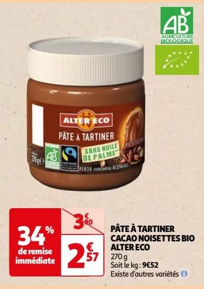 pâte à tartiner cacao noisettes bio alter eco