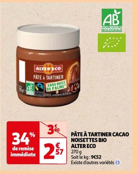 PATE A TARTINER CACAO NOISETTES BIO ALTER ECO 