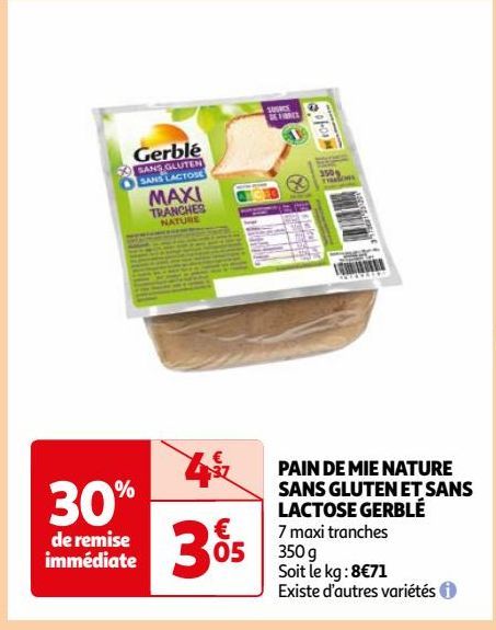 PAIN DE MIE NATURE SANS GLUTEN ET SANS LACTOSE GERBLÉ