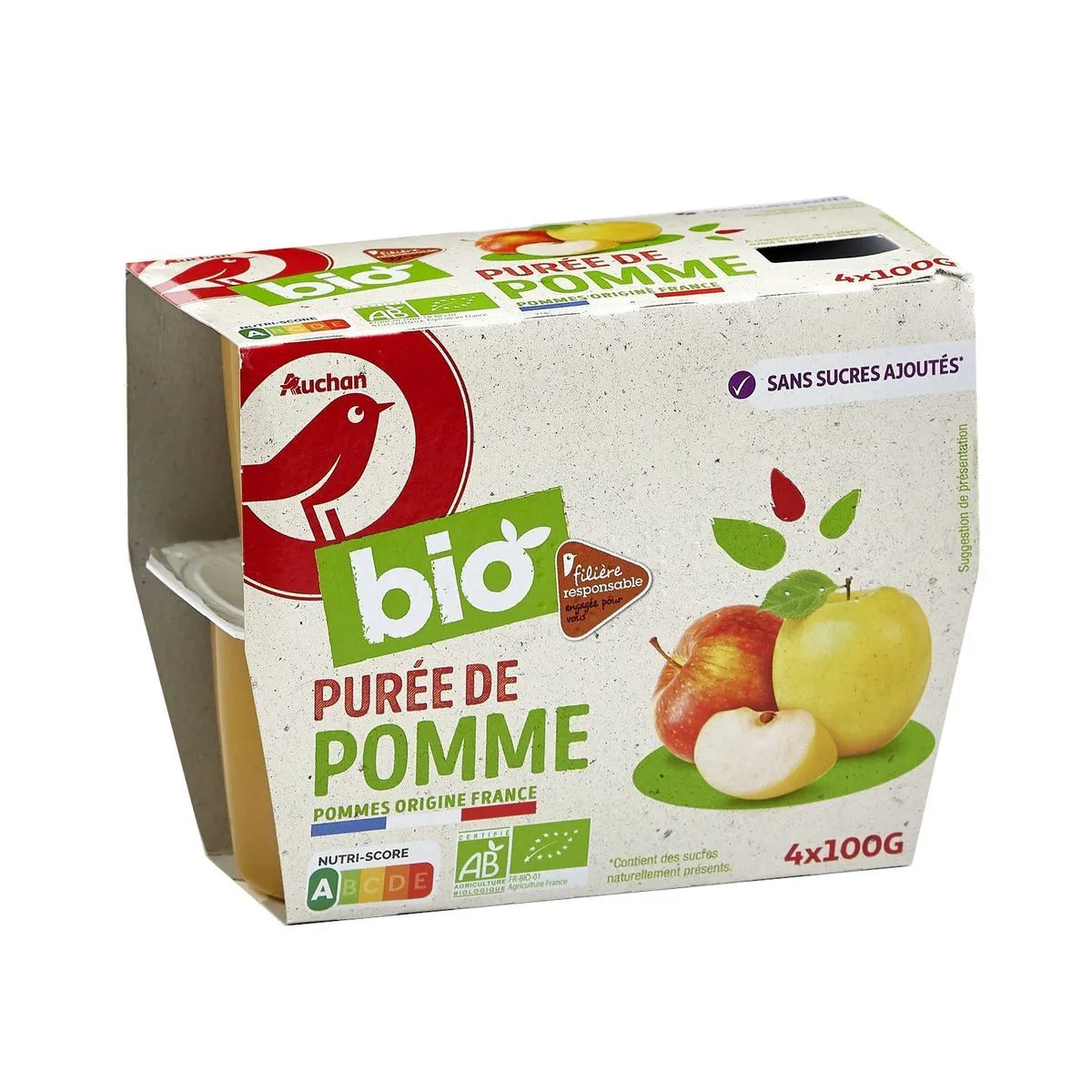 coupelles de puree de pomme filiere auchan bio "cultivons le bon"