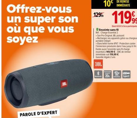 Offrez-vous  un super son où que vous soyez  EVERL  11999  Dont 0,13 € d'éco-participation  Enceinte sans fil Re: Charge Essential 2 Son Pro Original JBL puissant Rechargez vos appareils grâce au char