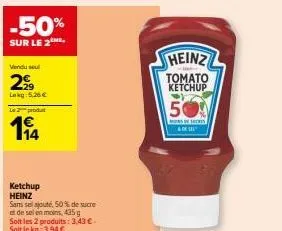 -50%  sur le 2  vendu sel  29  lokg: 5.26€  le 2 produt  14  ketchup heinz  sans sel ajouté, 50% de sucre  et de sel en moins 435  soit les 2 produits: 3,43 € - soit le kg: 3,94 €  heinz  tomato ketch