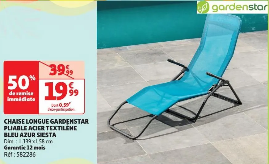 chaise longue gardenstar pliable acier textilène bleu azur siesta