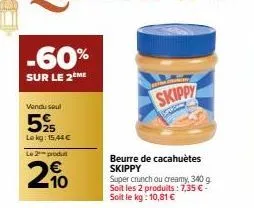 -60%  sur le 2ème  vendu seul  525  lokg: 15,44 €  le 2-produt  2%  210  skippy  sa  beurre de cacahuètes skippy  super crunch ou creamy, 340 g soit les 2 produits: 7,35 € - soit le kg: 10,81 € 