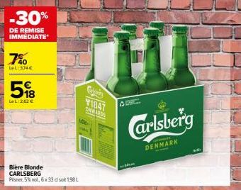 -30%  DE REMISE IMMÉDIATE  7%  LeL:374 €  598  LeL 2,62 €  Bière Blonde CARLSBERG Pilsner, 5% vol, 6x33 dl soit 1,98 L  1847 ONWARDS  COR  Carlsberg  DENMARK  the 