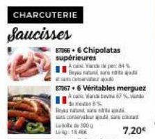 CHARCUTERIE  Saucisses  870666 Chipolatas supérieures  Acab Yande de pe 84% Beyadan  Bey  sote 300 g  1848  sam camavatar q  870676 Véritables merguez AcaWande tv 67%  8%  7,20€ 