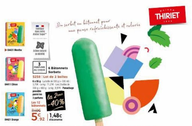 ▶04431 Menthe  04411 Citran  04421 Orange  Fabriqu dass e  Aldi Ta  Ana  3  PARFUMS AUCHOIK  Du serbet en batennet pour  6 Batonnets  Sorbets  5258 Lot de 2 boites  une pause rafraichissante et oplevé