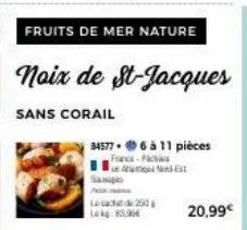 p  les 250  fruits de mer nature  noix de st-jacques  sans corail  34577 6 à 11 pièces france-ploies  est  20,99€ 