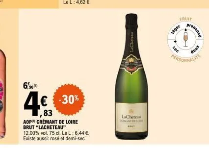 6,90(1)  -30%  ,83  aop crémant de loire brut "lacheteau" 12.00% vol. 75 cl. le l: 6,44 €. existe aussi: rosé et demi-sec  lacheta  lacheteau chemant de lo  fruit  o  personnalite  léger  sec  rononcé