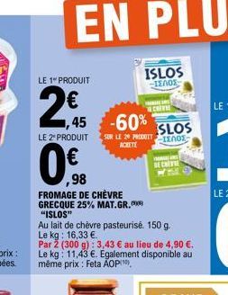 LE 1" PRODUIT  2€  ,45 -60% SLOS  SUR LE 20 PRODUIT ENOS  ACHETE  LE 2º PRODUIT  ,98  FROMAGE DE CHÈVRE  GRECQUE 25% MAT.GR.  "ISLOS"  Au lait de chèvre pasteurisé. 150 g.  Le kg: 16,33 €.  Par 2 (300