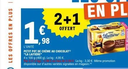16  98  l'unité  petit pot de crème au chocolat laitière"  "la  4 x 100 g (400 g). le kg: 4,95 €.  le kg: 3,30 €. même promotion disponible sur d'autres variétés signalées en magasin.  2+1  offert  fr