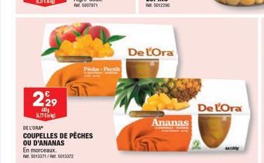 229  100  ALJ7 Co be }  Piche-Perk  DE L'ORA  COUPELLES DE PÊCHES  OU D'ANANAS  En morceaux.  Ret 5013371/et. 5013372  De L'Ora  Ananas  De L'Ora 