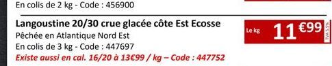 Langoustine 20/30 crue glacée côte Est Ecosse  Pêchée en Atlantique Nord Est En colis de 3 kg - Code : 447697  Existe aussi en cal. 16/20 à 13 €99/kg-Code: 447752 