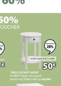 economi 28%  dont 0,82€ d'eco-part  50€  table de nuit egeby  en mdf*, pieds: pin massif. vernis mat. 040 x h60 cm 69,99€ 