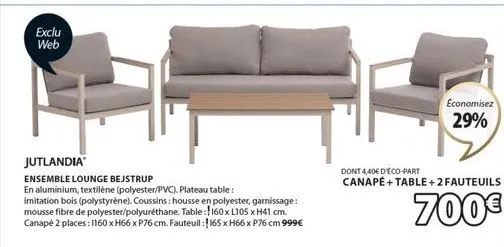 exclu web  jutlandia  ensemble lounge bejstrup  en aluminium, textilène (polyester/pvc). plateau table: imitation bois (polystyrène). coussins: housse en polyester, garnissage: mousse fibre de polyest