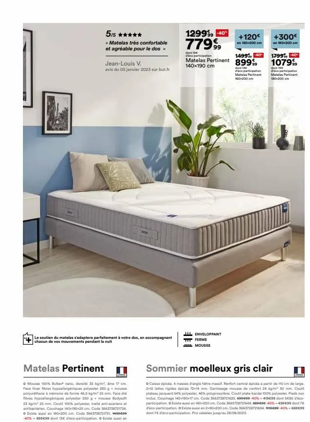 5/5 *****  « matelas très confortable et agréable pour le dos »  jean-louis v.  avis du 05 janvier 2023 sur but.fr  le soutien du matelas s'adaptera parfaitement à votre dos, en accompagnant chacun de