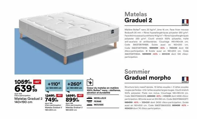 1059⁹9 -40%  63999  +110€ +260€  en 160x200 cm  en 180x200 cm  do 10€ d'éco-participation  12495,40  matelas graduel 2 749%  140x190 cm  dont 15€  d'éco-participation matelas gradual 2 160x200 cm  149