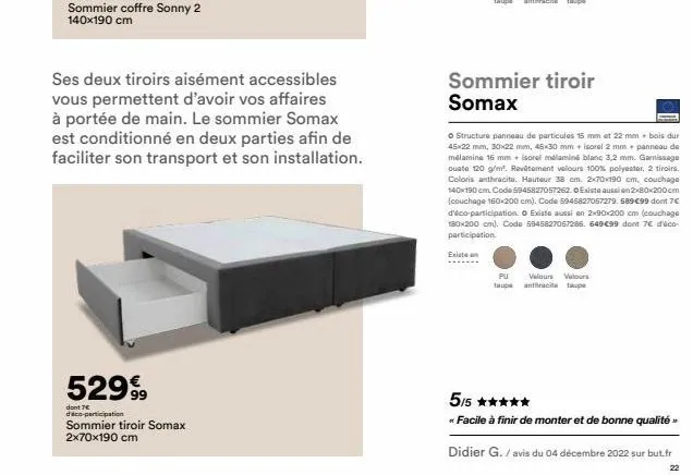 sommier coffre sonny 2 140x190 cm  ses deux tiroirs aisément accessibles vous permettent d'avoir vos affaires à portée de main. le sommier somax est conditionné en deux parties afin de faciliter son t