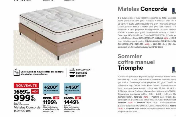 nouveauté  1659%, -40% 99999  dont 10€ d'éco-participation matelas concorde 140x190 cm  une couche de mousse latex qui s'adapte  à toutes les morphologies  +200€  en 160x200 cm  1999%, -40° 119999  do