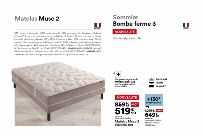 Matelas Muse 2  580 ressorts ensachés (90% acier recyclé, 10% non recycle). Mousse polyether 22 kg/m³ 2 cm + 2 couches mousse polyther 18 kg/m (18 mm 8 mm) + fibres hypoallergéniques polyester 150 g (