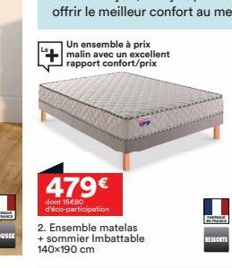 Un ensemble à prix malin avec un excellent rapport confort/prix  479€  dont 15€80 d'éco-participation  2. Ensemble matelas + sommier Imbattable 140x190 cm  FRENQUE FRAN  RESSORTS 