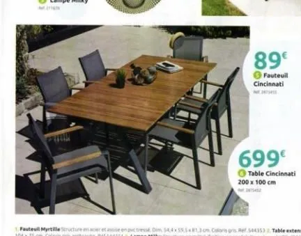 89€  fauteuil cincinnati  699€  table cincinnati 200 x 100 cm 