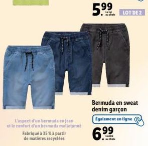 L'aspect d'un bermuda en jean  et le confort d'un bermuda molletonné  Fabriqué à 35 % à partir de matières recyclées  LOT DE 2  Bermuda en sweat denim garçon Egalement en ligne  L'un auchota 