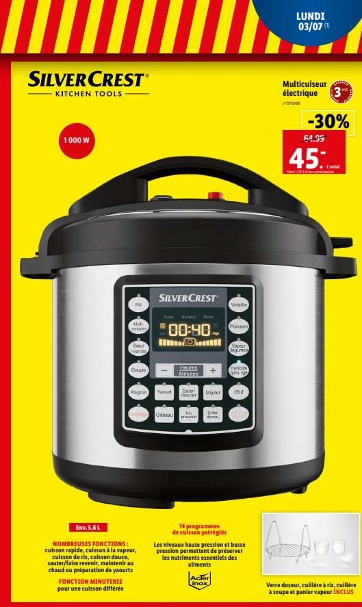 SILVERCRESTⓇ  KITCHEN TOOLS -  1000 W  Env. 5,6 L  Mui céréales  FONCTION MINUTERIE pour une cuisson différée  Bouf viorde  Soupe  NOMBREUSES FONCTIONS: cuisson rapide, cuisson à la vapeur, cuisson de