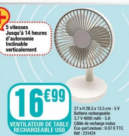 ventilateur de table rechargeable usb