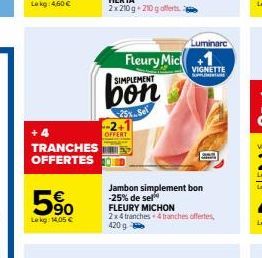 TRANCHES OFFERTES  550  Lekg: 14,05 €  SIMPLEMENT  bon  Fleury Mic +1  OFFERT  Luminare  Jambon simplement bon -25% de sel FLEURY MICHON  2x4 tranches-4tranches offertes, 4209  VIGNETTE SUPPLER  Fl 