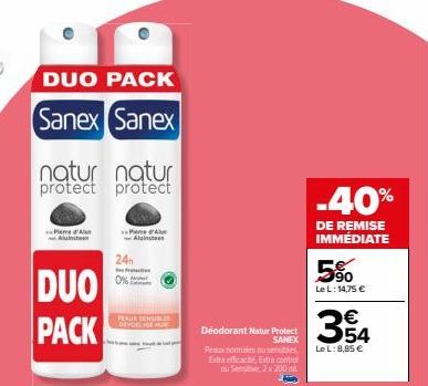 DUO PACK  Sanex Sanex  d'A Alunte  natur natur protect protect  DUO  PACK  0%  24h  A  Alaintes  PEAUX SENSIBLE OF VORL  Deodorant Natur Protect SANEX  Peaux normes ou sensibles Extra efficaché, Extra