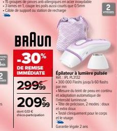 BRAUN -30%  DE REMISE IMMEDIATE  29999  20999  dont 0.13 € déco-participation  2  VITESSE  Épilateur à lumière pulsée Ref.: IPL PL3132  - 300 000 Flashs jusqu'à 60 flashs par mn  Mesure du teint de pe