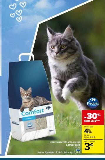 Comfort  1000  Litière minérale anti-odeurs CARREFOUR 10 kg  Soit les 2 produits: 7,29 €-Soit le kg: 0,36 €  Produits  Comfor  -30%  SUR LE 2  Vendu sel  4%  Le sac Lekg: 0,43 €  produt  3€ 