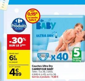 ****  Produits  Carrefour  -30%  SUR LE 2 ME  Windu sel  699  Le paquet  Le 2 produt  4€  +89  SOIT  0,15€  La couche  Taille 5  BABY  ULTRA DRY  9x40  Couches Ultra Dry CARREFOUR BABY Tailles: 5x39,3