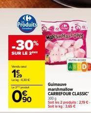 Produits  Cimber  -30%  SUR LE 2 ME  Vindus  199  Lekg :4.30€  Le 2 produ  0%  MARSHMALLOWS  NUTRI-SCORE  Guimauve marshmallow CARREFOUR CLASSIC  300 g Soit les 2 produits: 2,19 €. Soit le kg: 3,65 € 