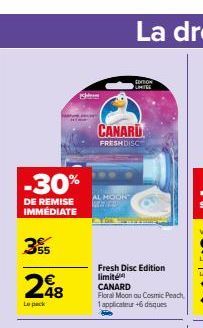 -30%  DE REMISE IMMÉDIATE  28 55  €  298  Le pack  AL MOON  COTON LIMITGE  CANARD  FRESHDISC  Fresh Disc Edition limité CANARD  Floral Moon au Cosmic Peach 1 applicateur +6 daques  