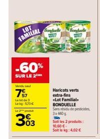 LOT FAMILIAL  -60%  SUR LE 2 ME  Vendu sel  77  Le lot de 3 Lokg: 573 €  Le 2 produ  303  Bonduelle www  Bonduelle  AFS  Haricots verts extra-fins «Lot Familial BONDUELLE  Sans résidu de pesticides, 3