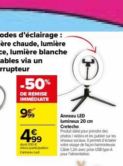 -50%  DE REMISE IMMEDIATE  999  499  dont 0,10 € d'éco-participation L'anneau Led  x  Anneau LED lumineux 20 cm Cretecho Produit idéal pour prendre des photos/vidéos et les publier sur les réseaux soc