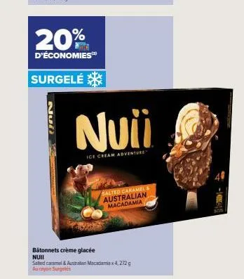 20%  d'économies  surgelé  nuii  ice cream adventure"  salted caramel & australian macadamia  bâtonnets crème glacée  nuii  salted caramel & australian macadamis x4, 272 g auryn surgelés 