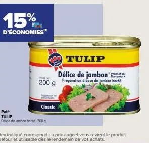 15%  d'économies  182  200 g  classic  paté tulip  delice de jambon hache, 200 g  tulip délice de jambon  danemark  préparation à base de jambon haché 